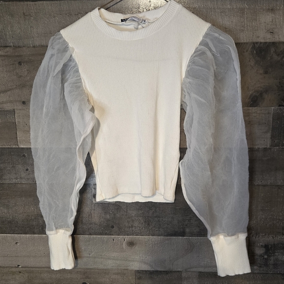 Zara Tops - Zara Cream Ribbed Top with Sheer Puff Sleeves